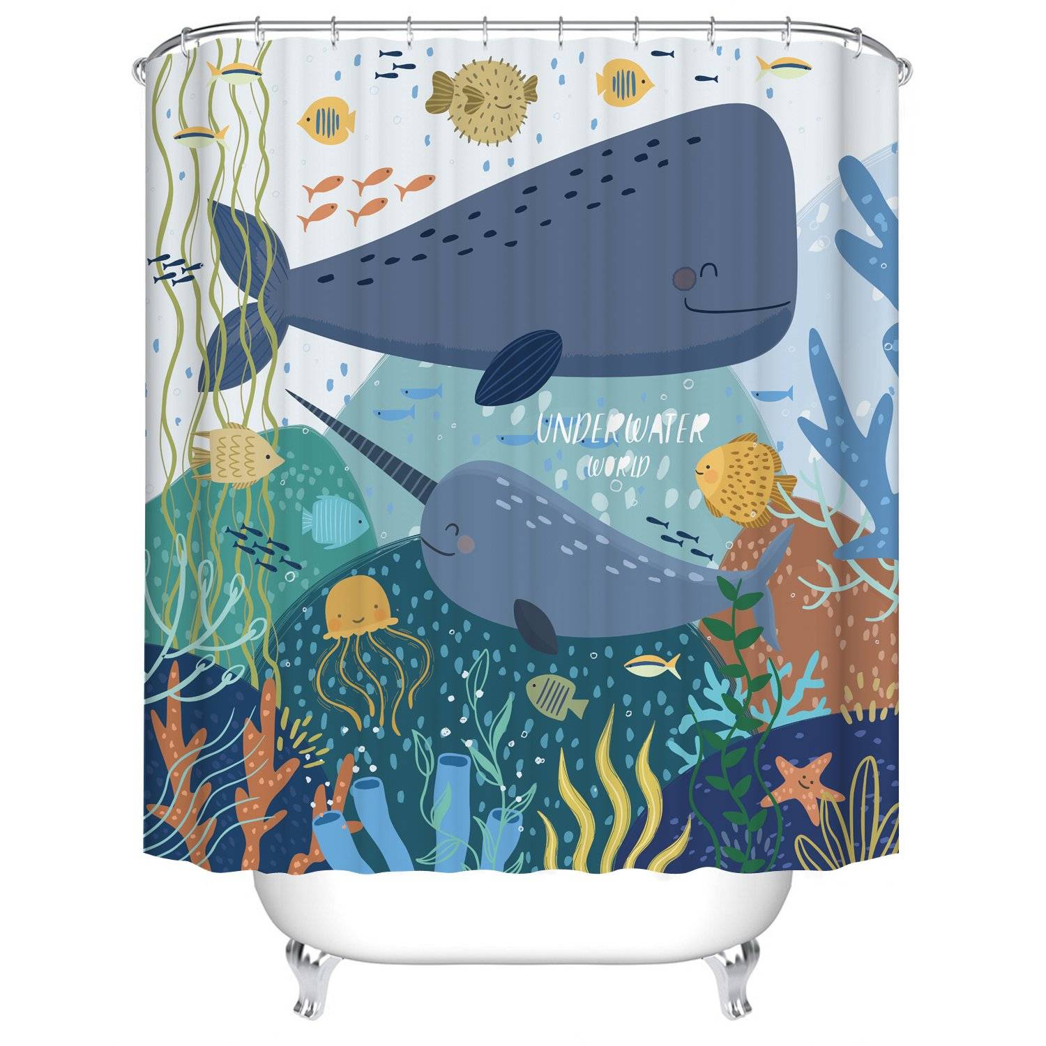 Underwater Sea World Whale Cartoon Narwhal Shower Curtain