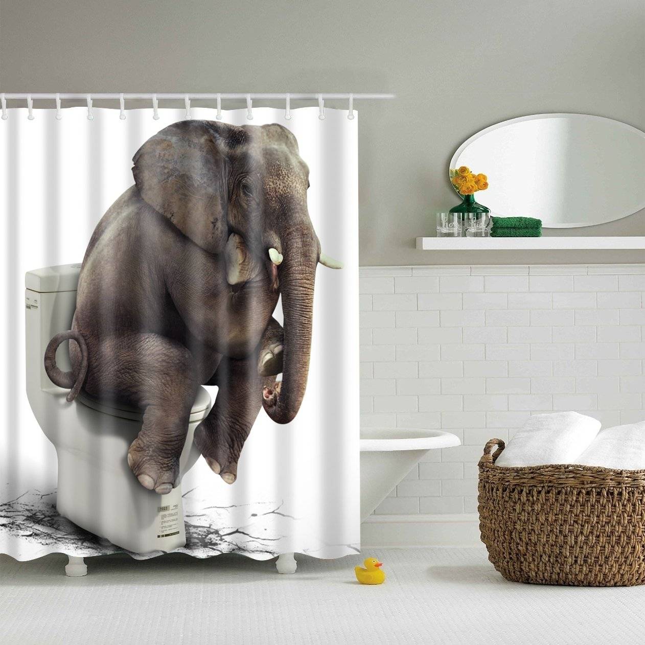Humorous Sitting on Toilet Animal Elephant Pooping Shower Curtain