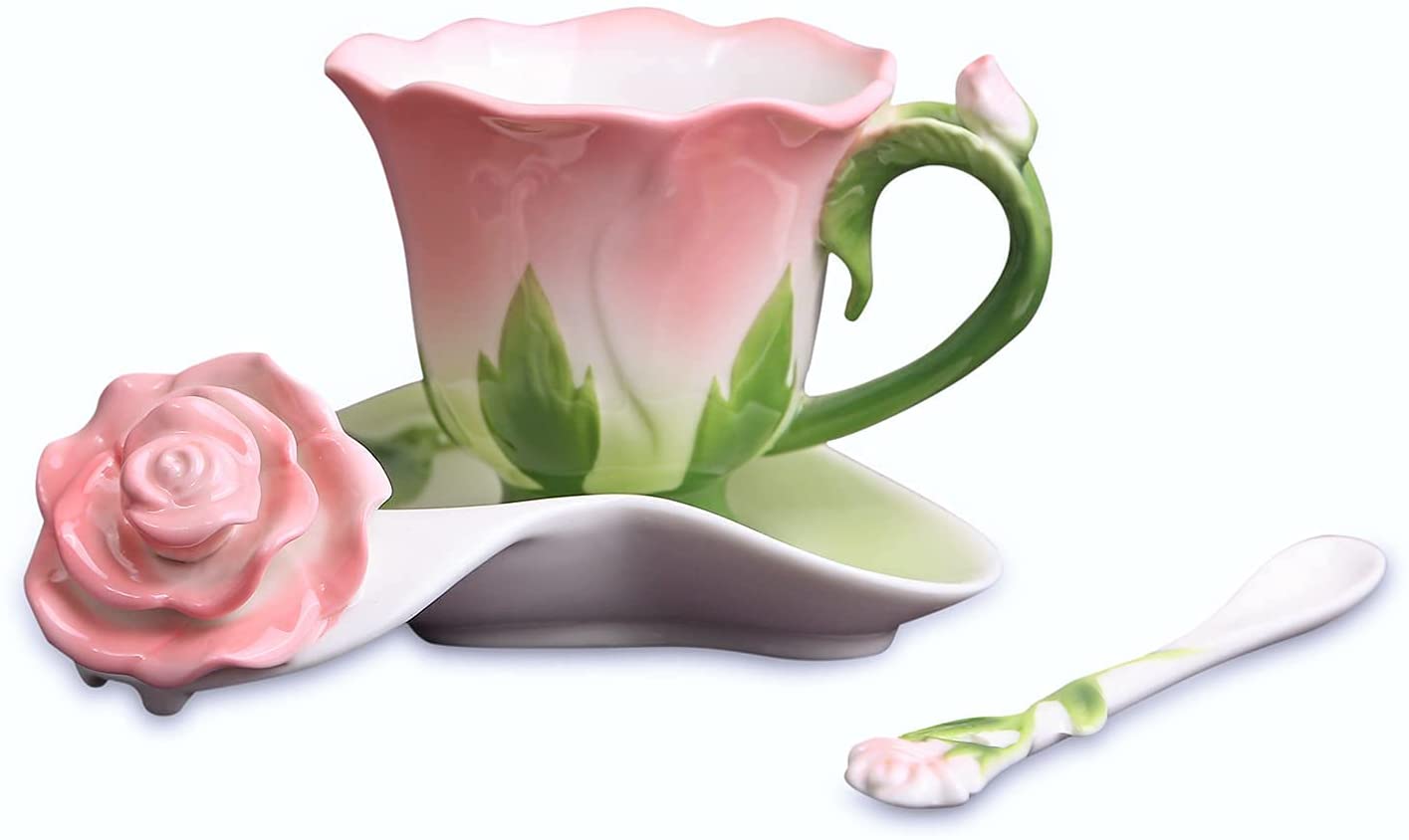 Rose Tea Cup And Saucer Set Colorful Flower Shaped Teacup - 3 Pieces