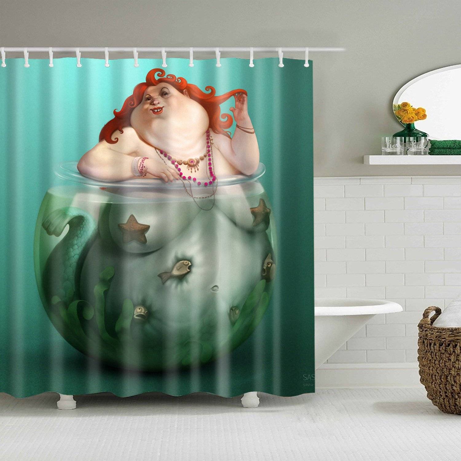 Fish Tank Green Backdrop Fat Mermaid Shower Curtain