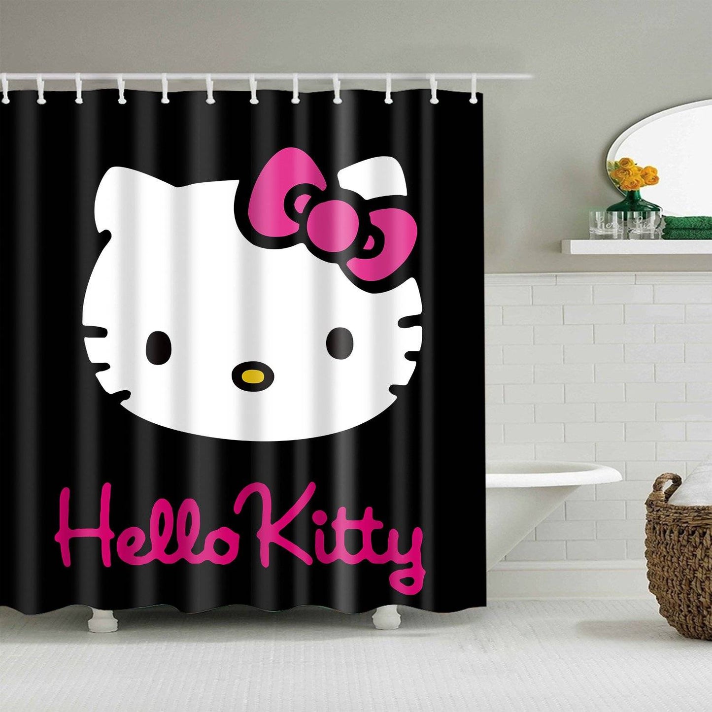 Black White Sanrio Kids Cartoon Hello Kitty Shower Curtain