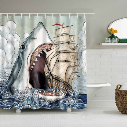 Crazy Creatures Attack Swallow Sailboat Ocean Shark Shower Curtain