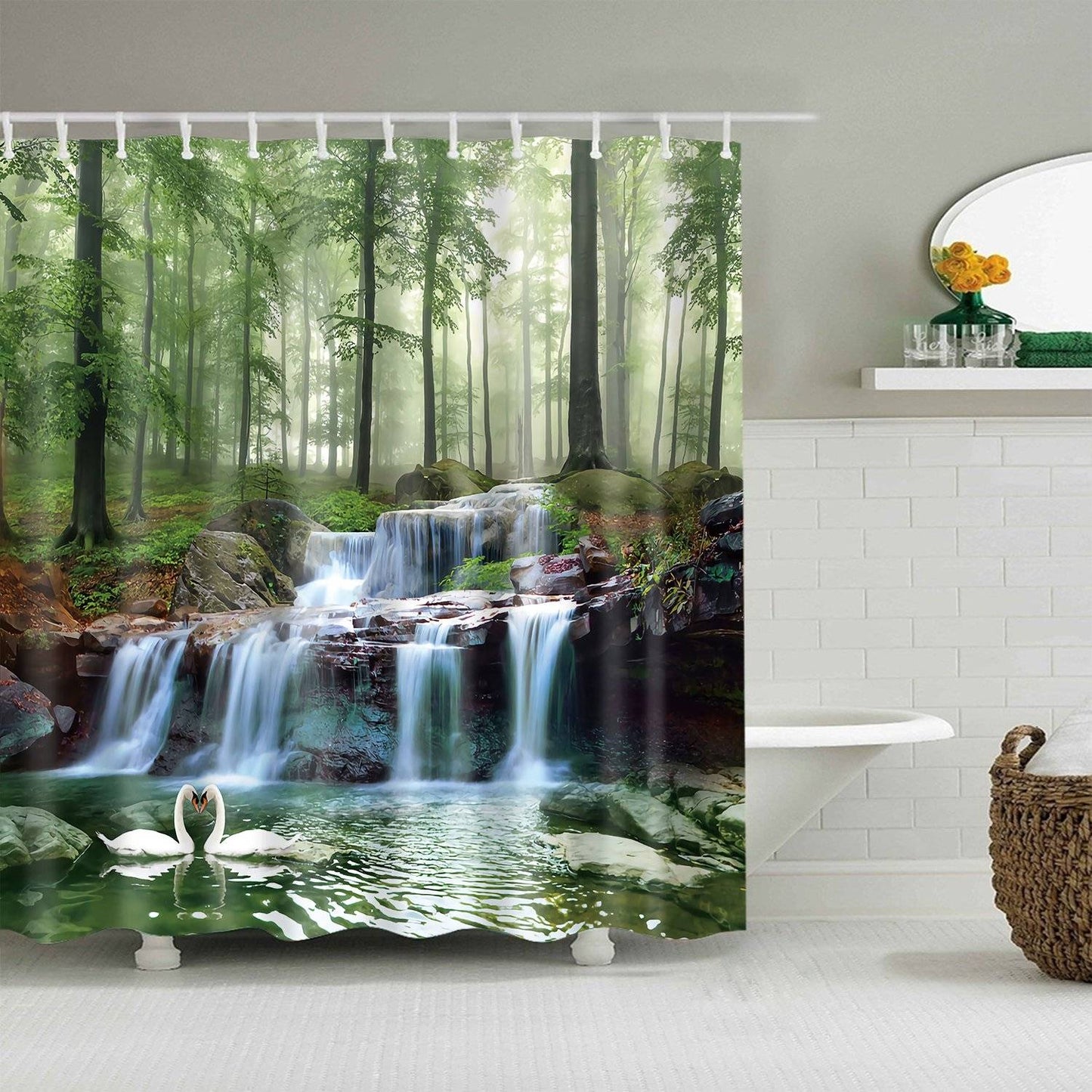 Natural Spring Green Forest Swan Landscape Waterfall Shower Curtain