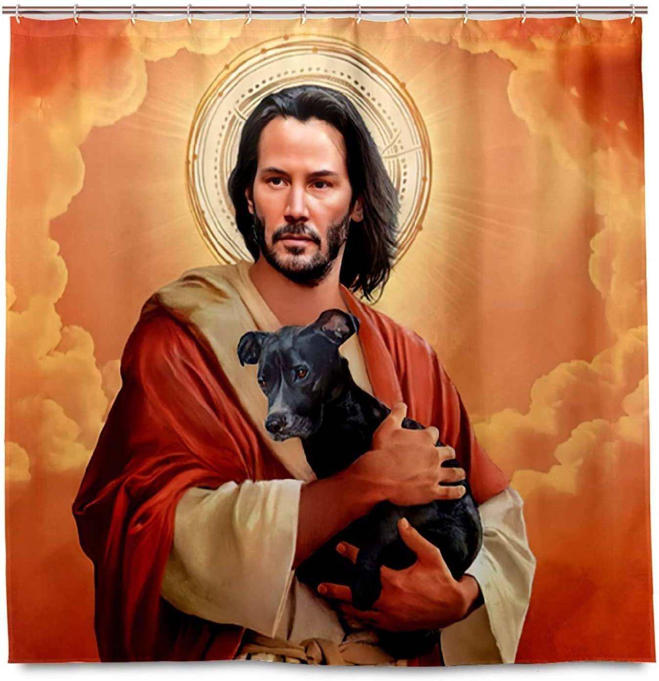 Funny Meme Jesus Holding Dog Keanu Reeves Shower Curtain