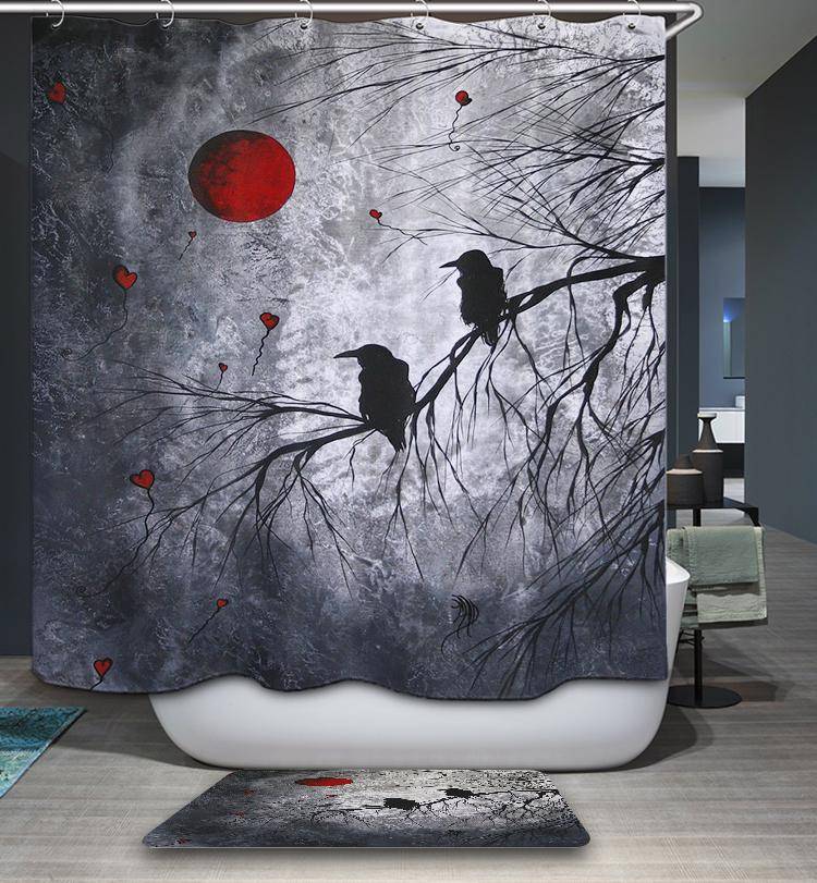 Gothic Bird Bloody Red Moon Halloween Horror Crows Shower Curtain