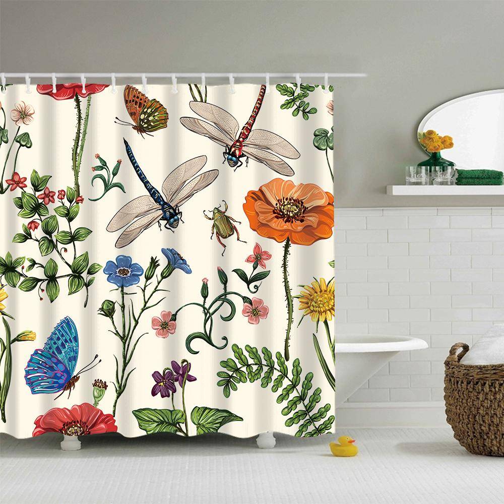 Botanical Insects with Beetles Plants Wildflower Vintage Dragonfly Shower Curtain