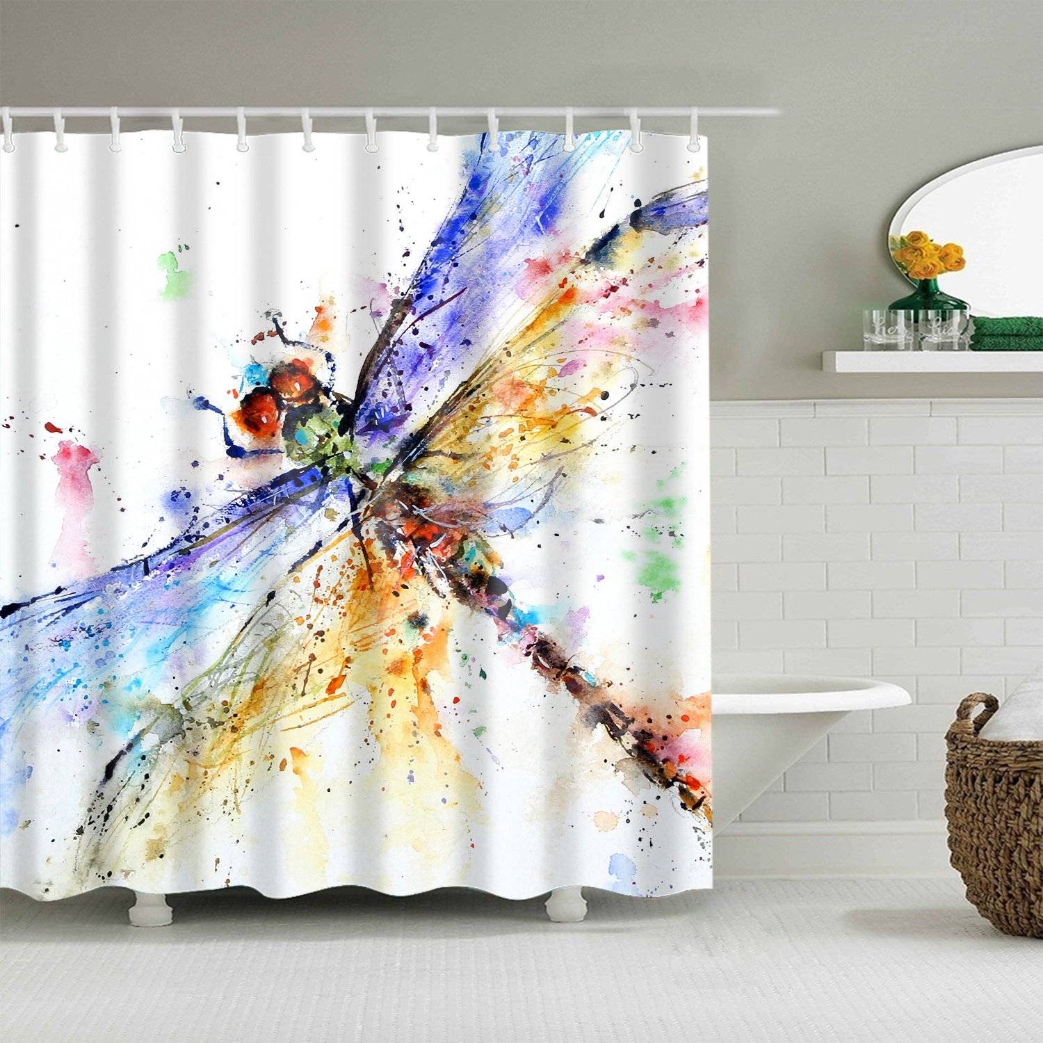Watercolor Colorful Wings Elegant Dragonfly Shower Curtain