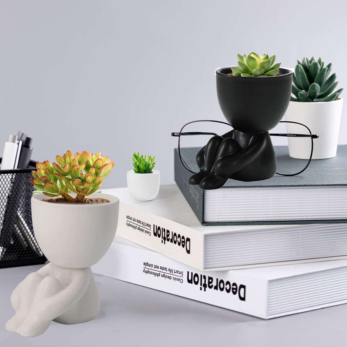 Human Shaped Planter Black White 2pcs Head Succulent Cactus Flower Plant Pot