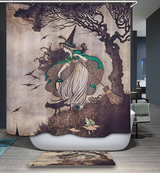 Halloween Retro Witchy Green Cloak with Frog Witch Shower Curtain