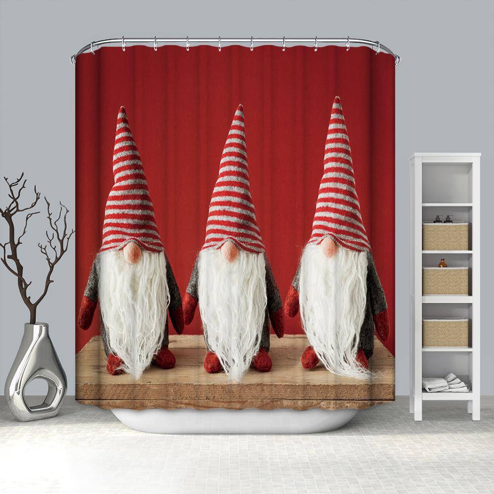 Three Christmas Elves Red Backdrop Holiday Gnome Shower Curtain