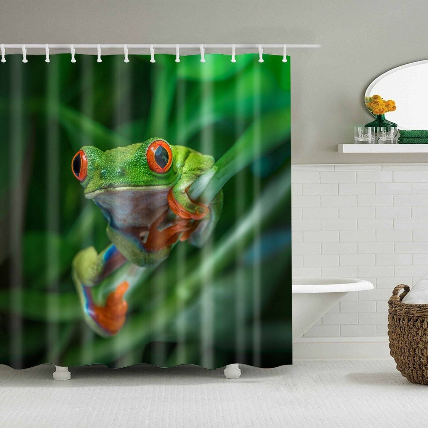 Tree Frog Shower Curtain Green Rainforest Leaves Red Eyed Frog