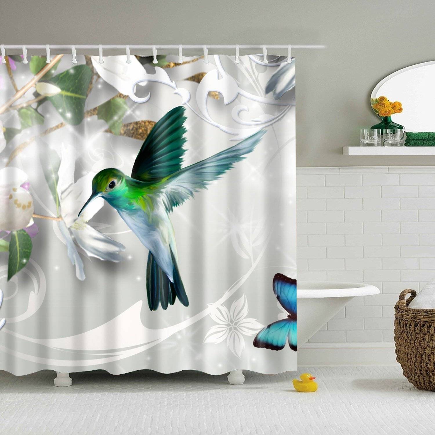 Green Bird Feeding on White Floral Hummingbird Shower Curtain