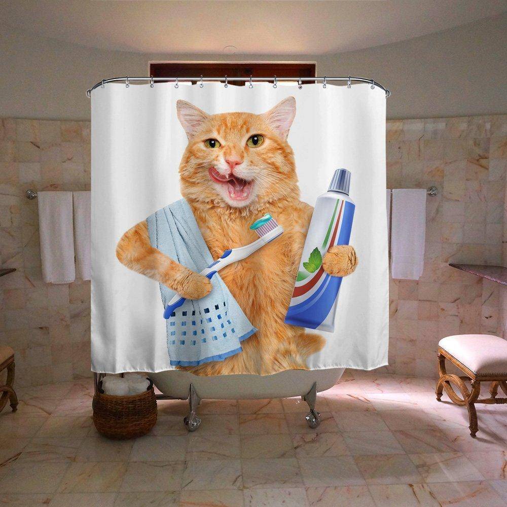 Brushing Teeth Funny Kitten Pet Ginger Cat Shower Curtain