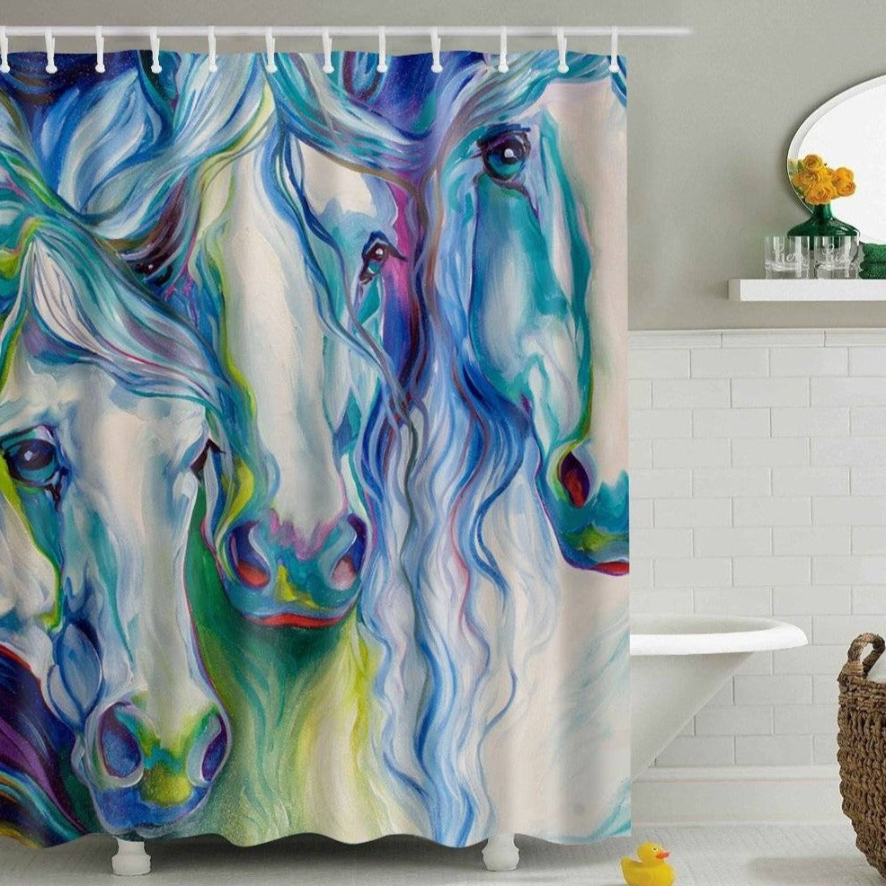 Beautiful Oil Painting Three Animal Blue Horse Shower Curtain