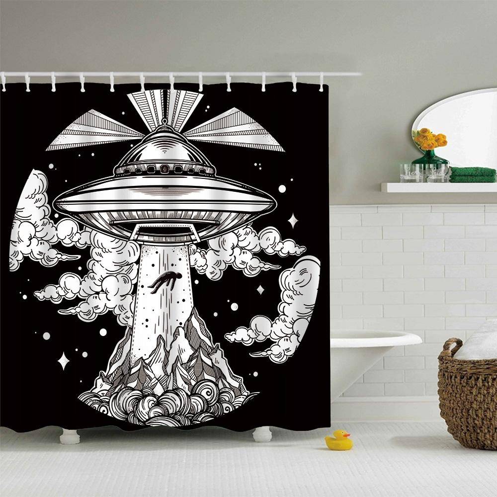 Black White Alien Spaceship UFO Shower Curtain