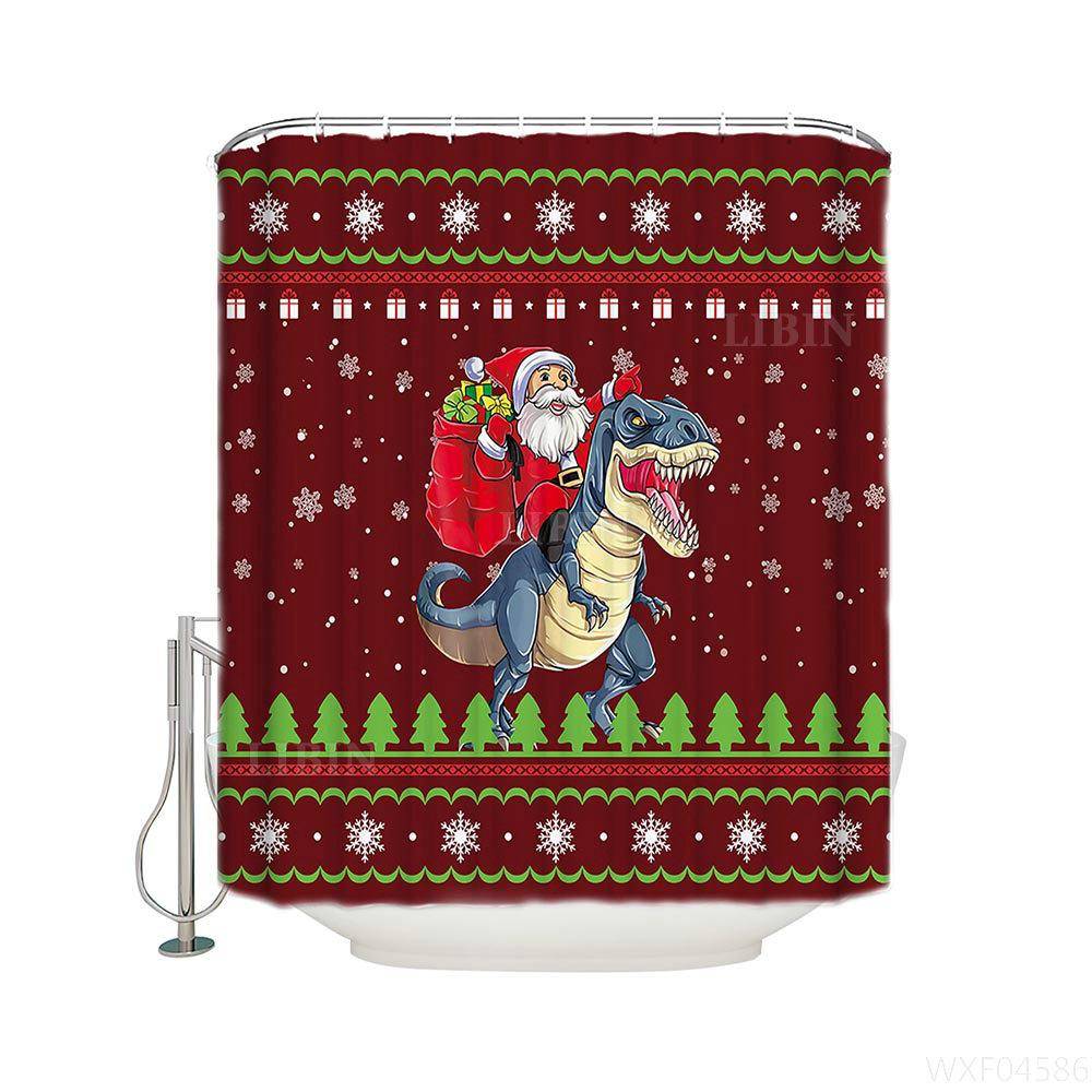 T Rex Dino with Red Green Christmas Holiday Santa Riding Dinosaur Shower Curtain