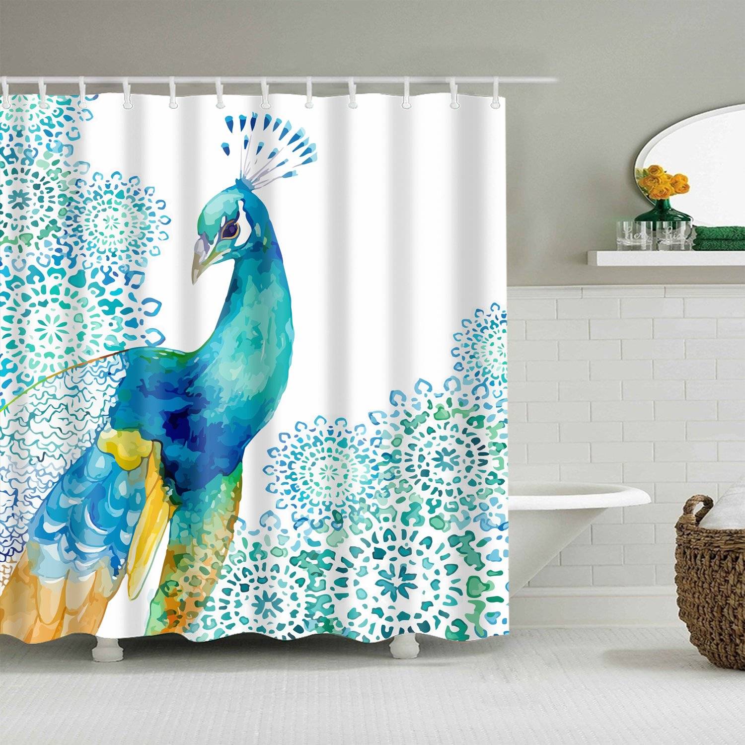 Watercolor Bird Painting with Floral Peacock Blue Shower Curtain