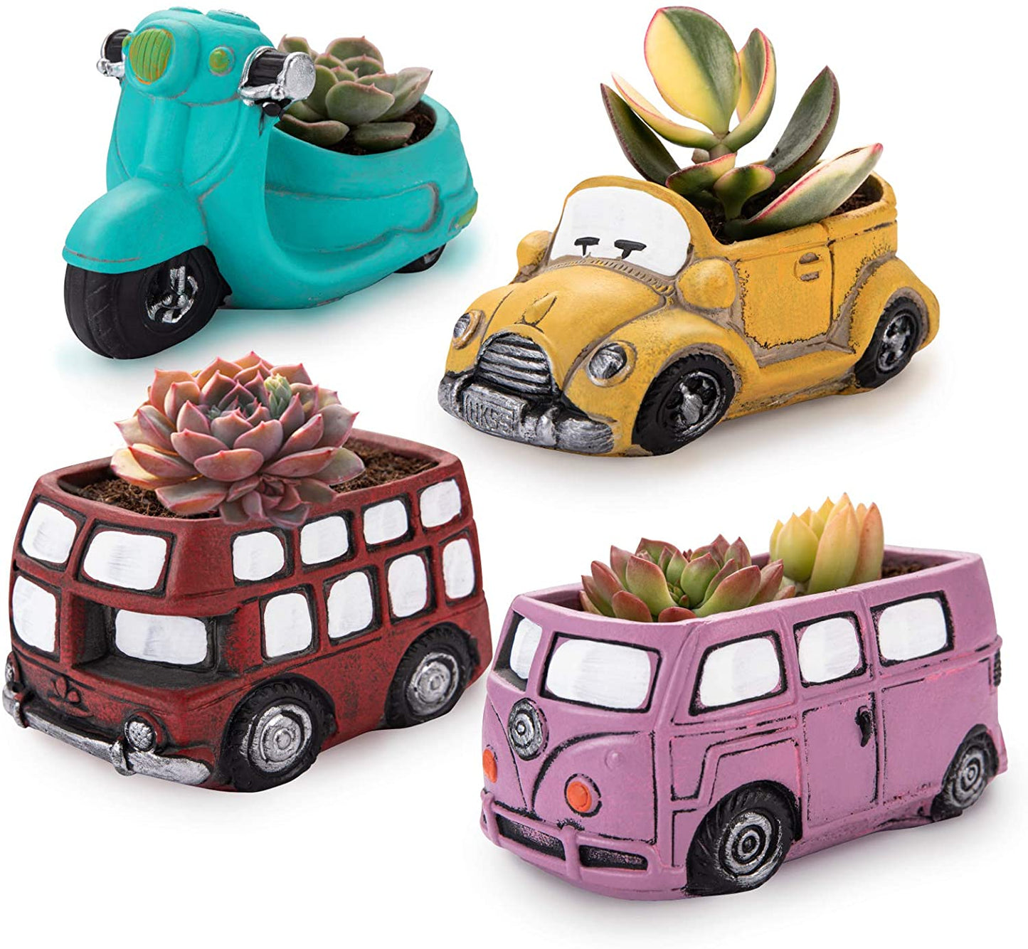 4 Pack Mini Retro Vehicles Planters Cute Cartoon Car/Bus Small Succulent Cactus Pots