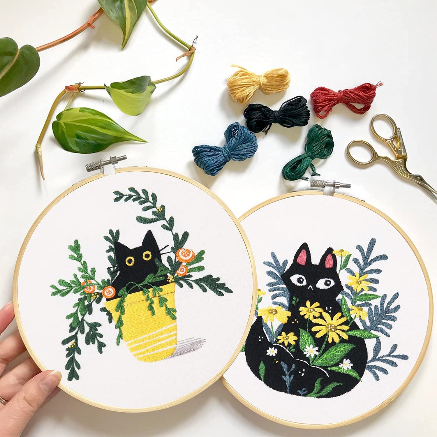 4 Pack Embroidery Kit Modern Art Cat with Tropical Houseplant Cactus Cross Stitch with Bamboo Hoops