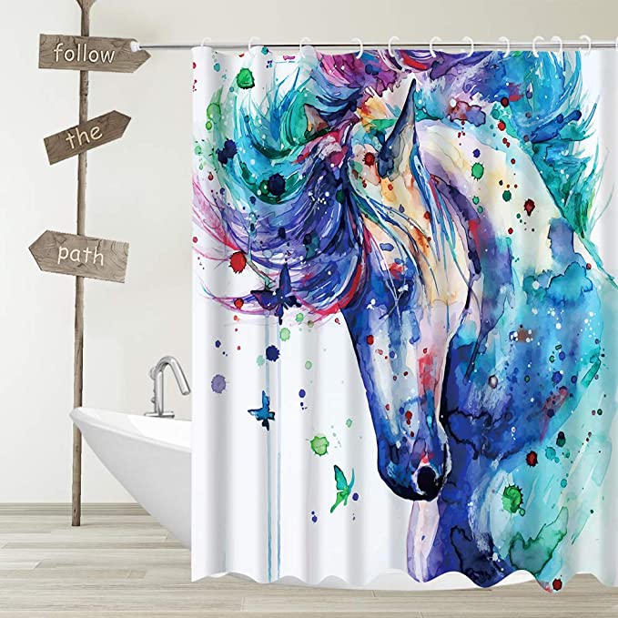 Teal Colors Beautiful Animal Watercolor Horse Shower Curtain