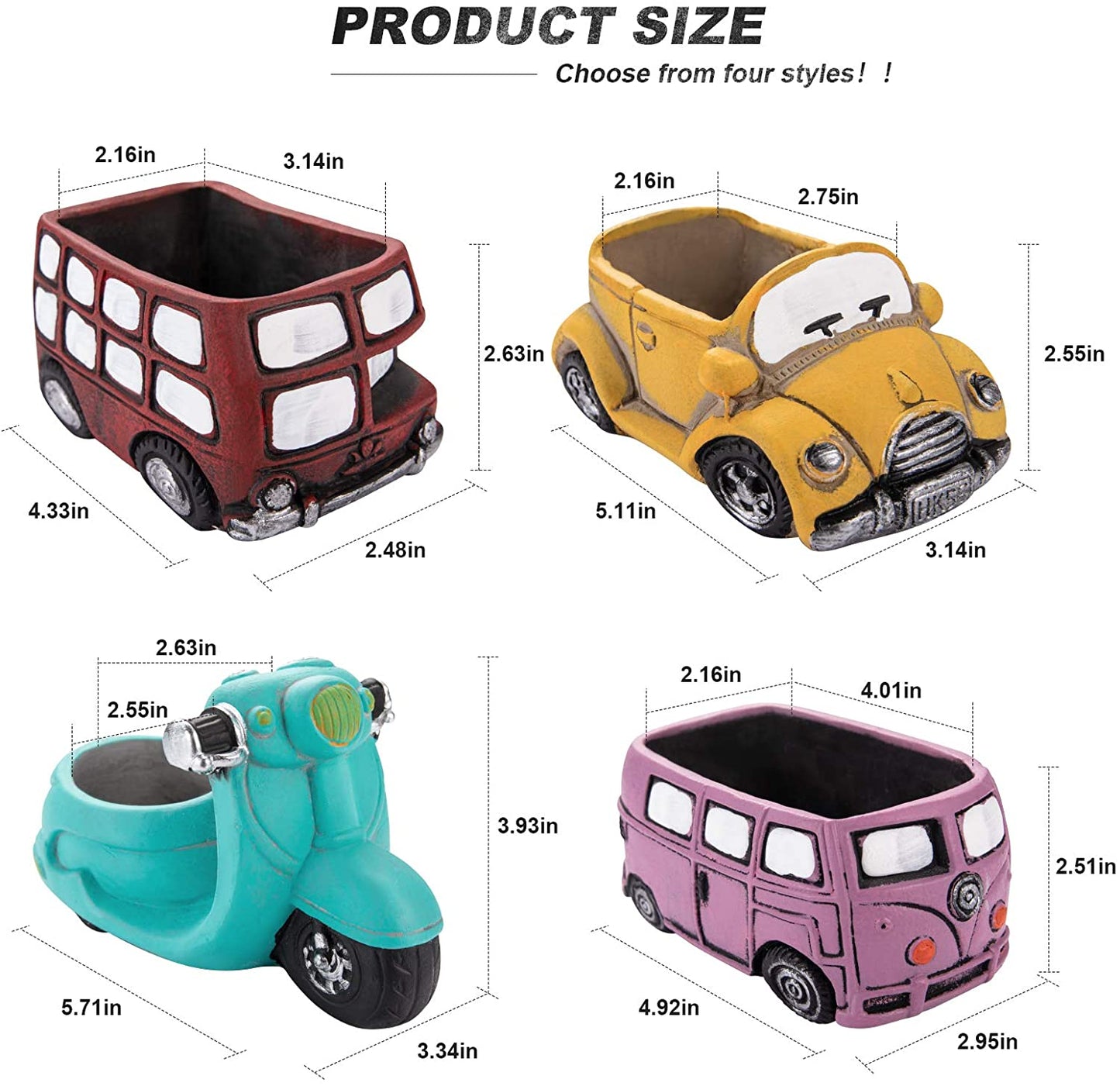 4 Pack Mini Retro Vehicles Planters Cute Cartoon Car/Bus Small Succulent Cactus Pots