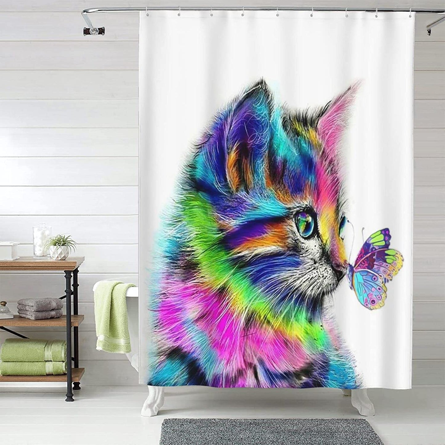 Rainbow Cat with Butterfly Shower Curtain