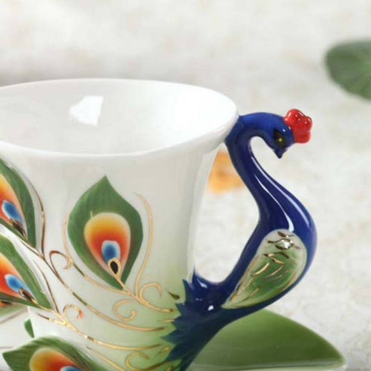 Elegant Feather Shape Peacock Tea Cup And Saucer Set 3 Pieces