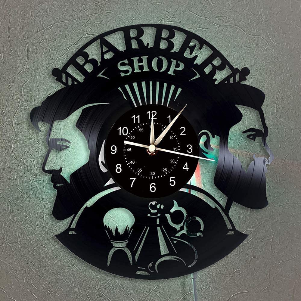 Barber Shop Vinyl Record Wall Clock 7 LED Lights