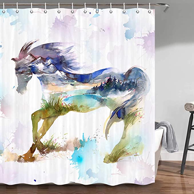 Watercolor Mountain River Ink Painting Blue Horse Shower Curtain