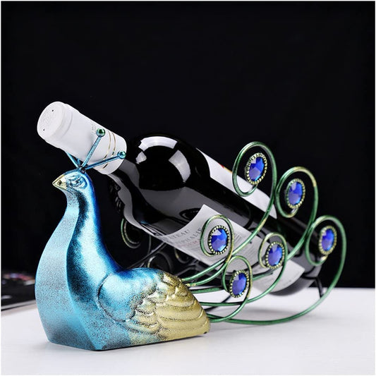 Wrought Iron Art Blue Peacock Wine Bottle Holder