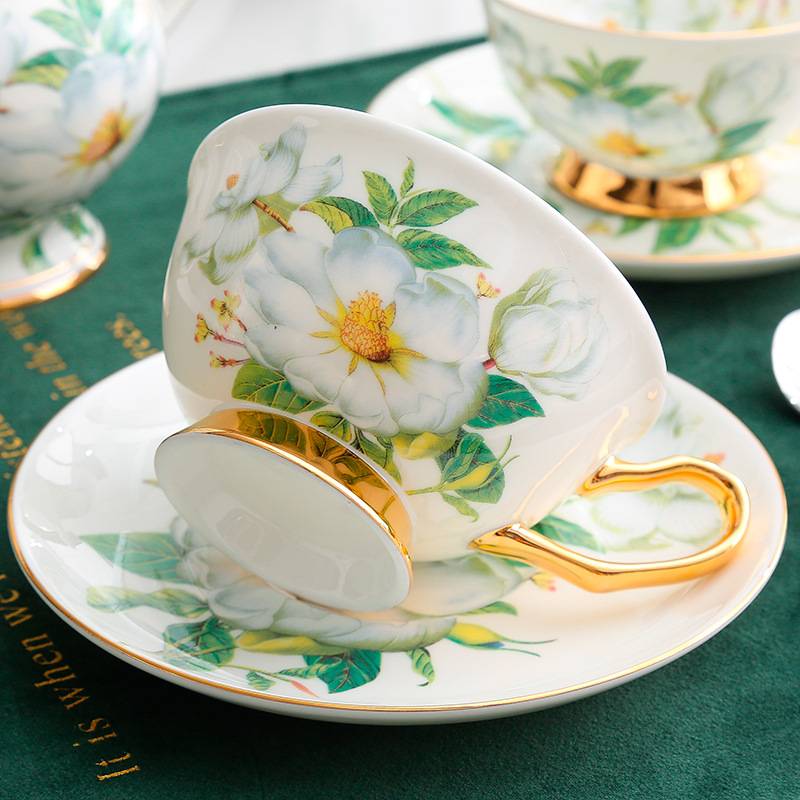 White Camellia Flower Sping Green Leaf Coffee Tea Cup And Saucer Set with Spoon