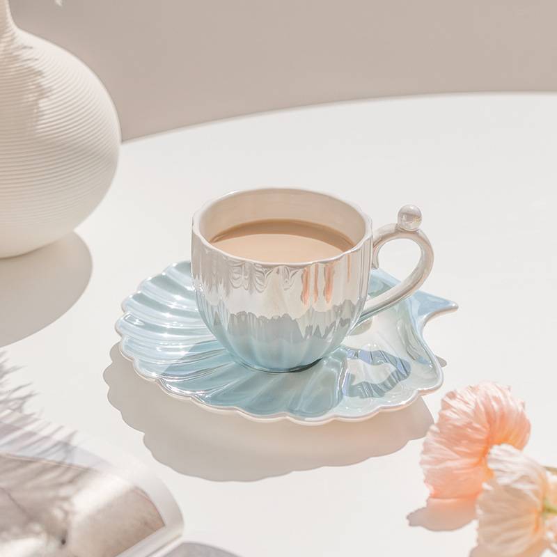 Pearl Shaped Tea Cup And Saucer Set Seashell Ocean Coffee Teacup with Plate Spoon - 3 Pieces