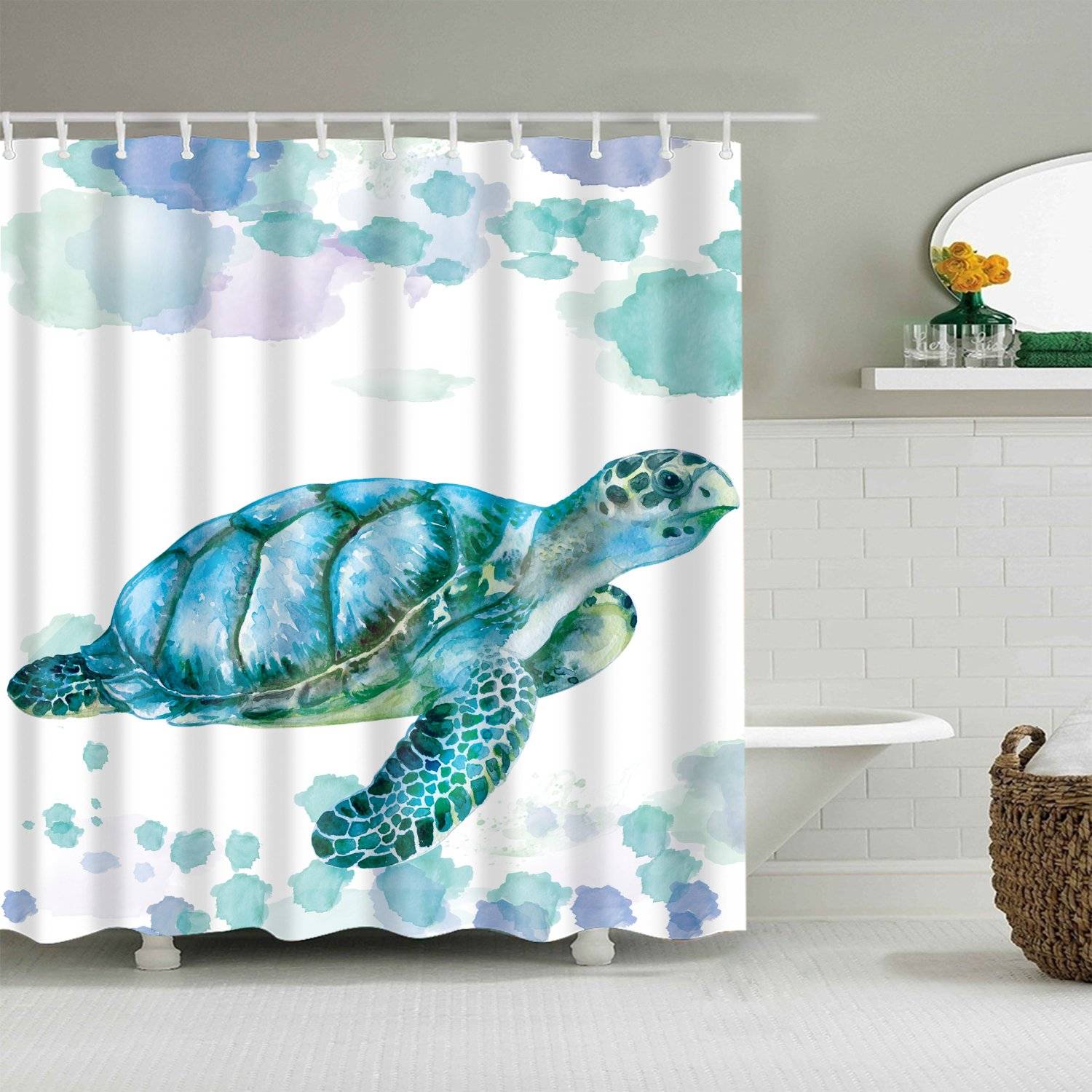 Cyan Green Watercolor \Ocean Creatures Sea Turtle Shower Curtain