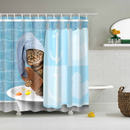 Blue Wall Funny Bathing Cat Cute Kitten Shower Curtain