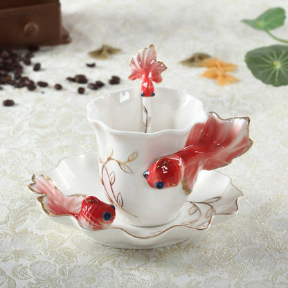 Koi Fish Tea Cup And Saucer Set with Plate Spoon - 3 Pieces