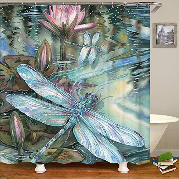 Oil Painting Lotus River with Blue Dragonfly Shower Curtain