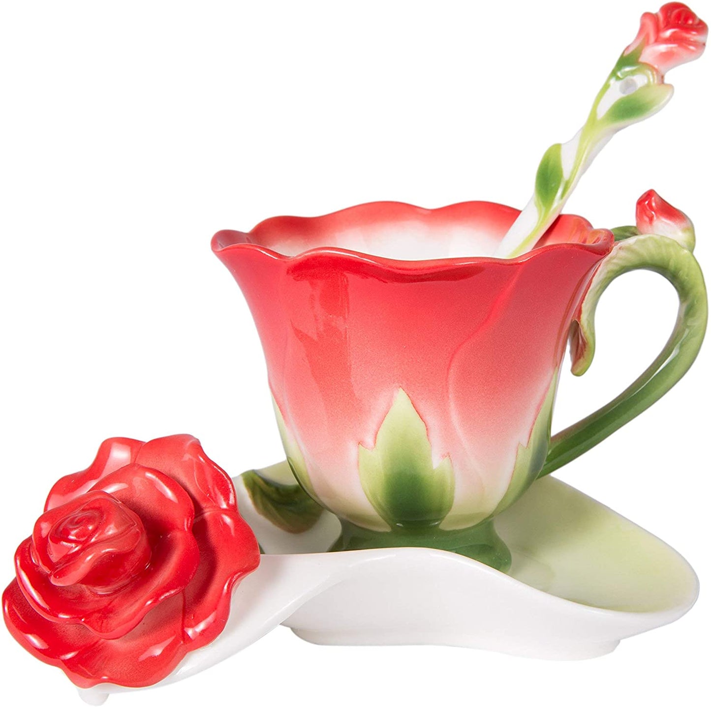 Rose Tea Cup And Saucer Set Colorful Flower Shaped Teacup - 3 Pieces