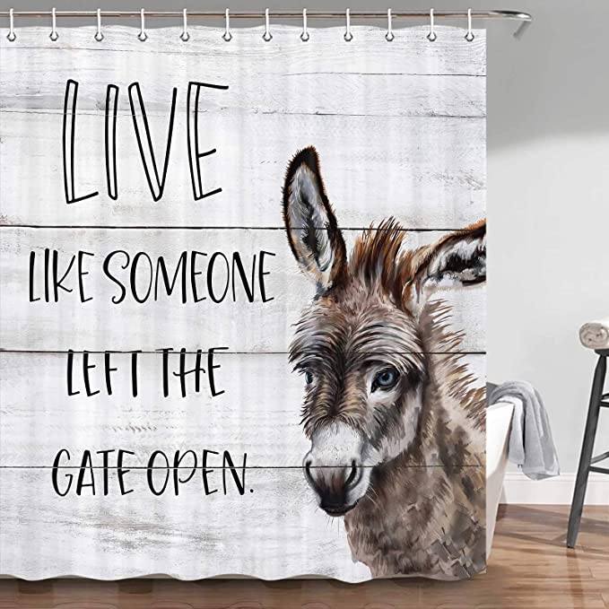 White Barn Door with Funny Quotes Donkey Shower Curtain