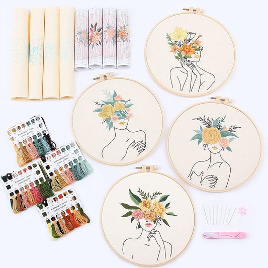 4 Pcs Of Feminine Girly Embroidery Kits Modern Line Drawing Art with Floral Headdress Cross Stitch for Beginners