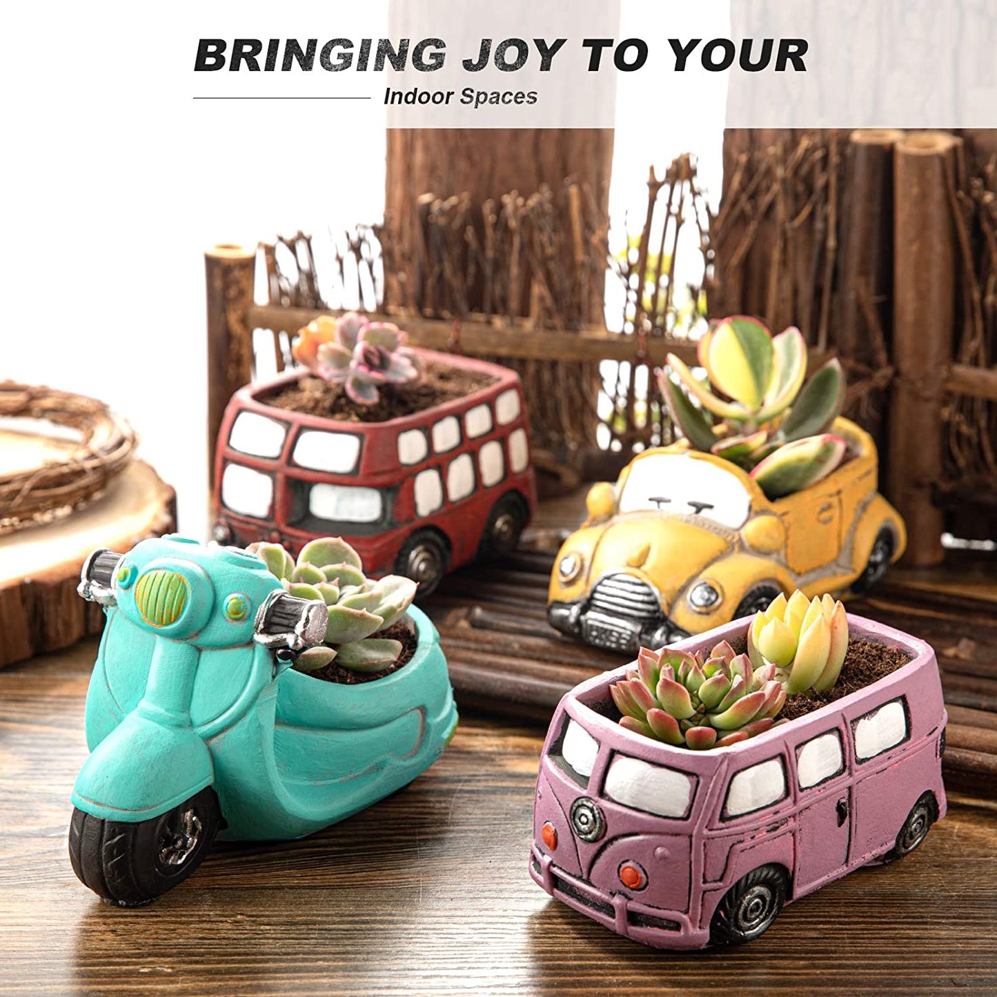 4 Pack Mini Retro Vehicles Planters Cute Cartoon Car/Bus Small Succulent Cactus Pots