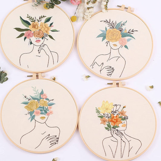 4 Pcs Of Feminine Girly Embroidery Kits Modern Line Drawing Art with Floral Headdress Cross Stitch for Beginners