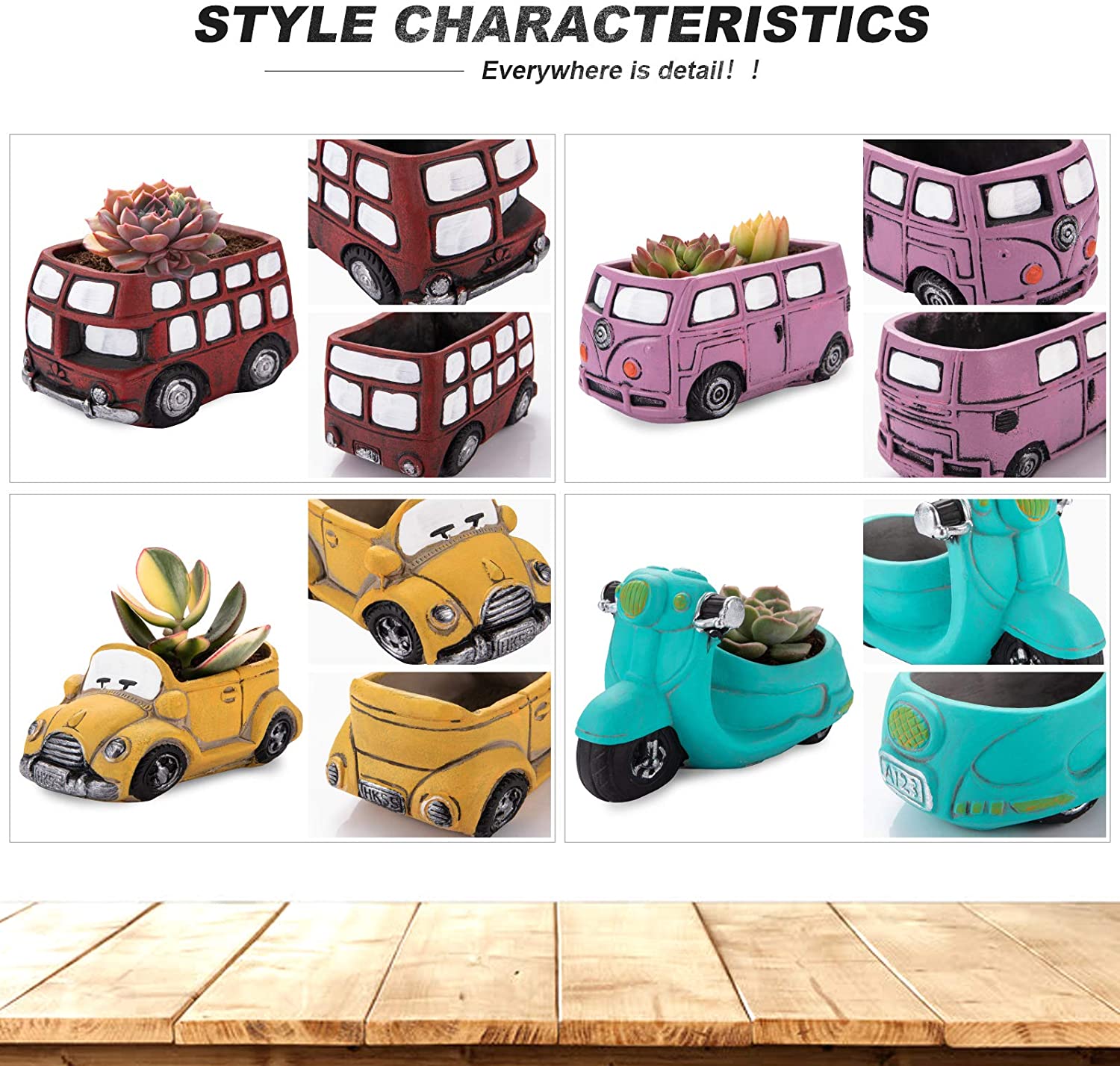 4 Pack Mini Retro Vehicles Planters Cute Cartoon Car/Bus Small Succulent Cactus Pots