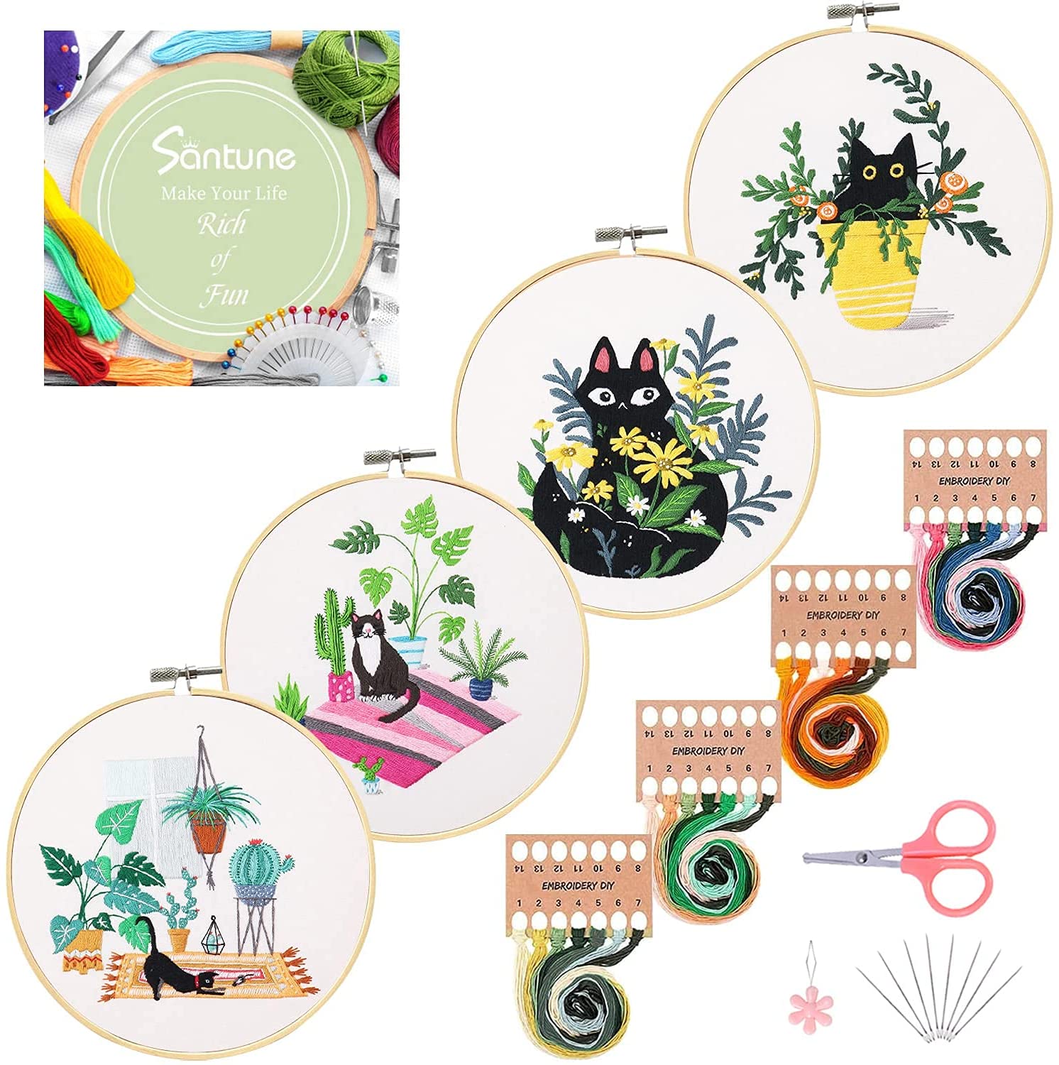 4 Pack Embroidery Kit Modern Art Cat with Tropical Houseplant Cactus Cross Stitch with Bamboo Hoops