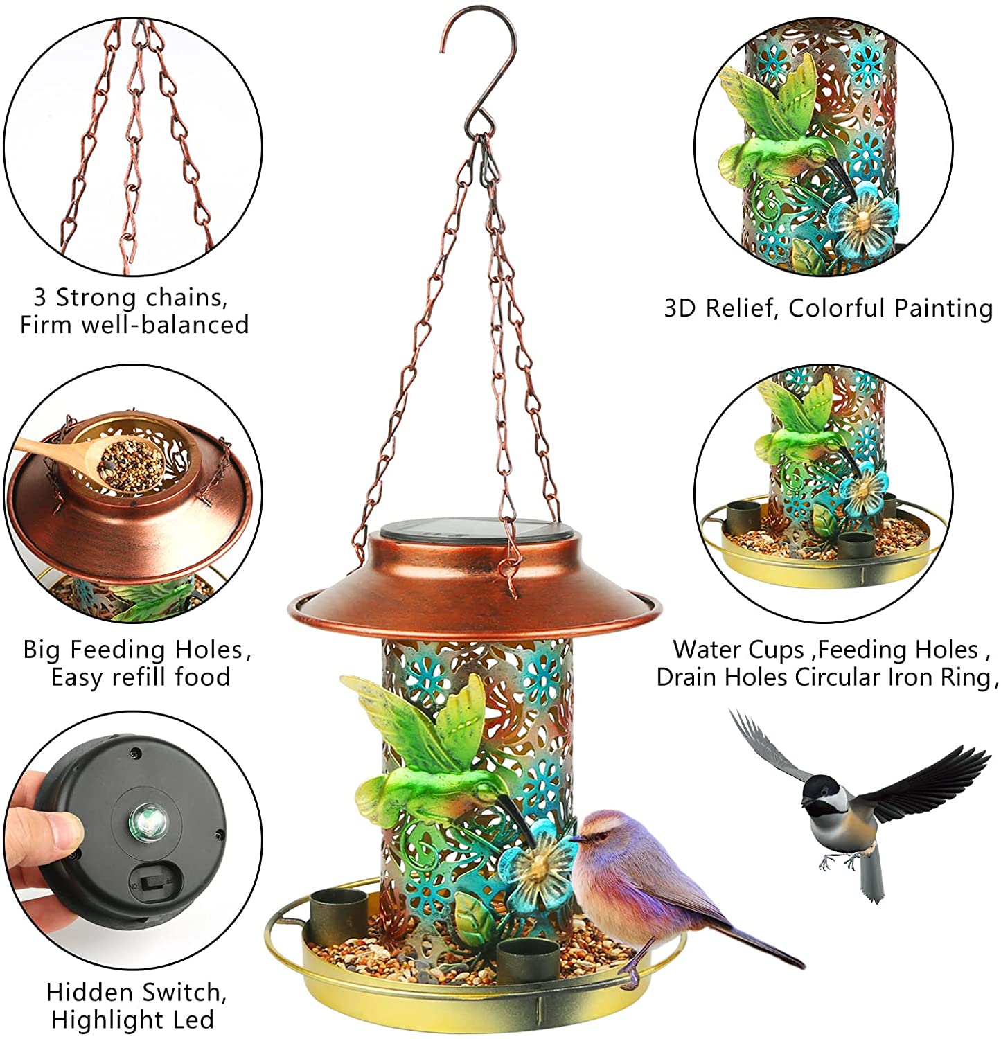 Metal Waterproof Cardinals Hummingbird Solar Lantern Bird Feeder