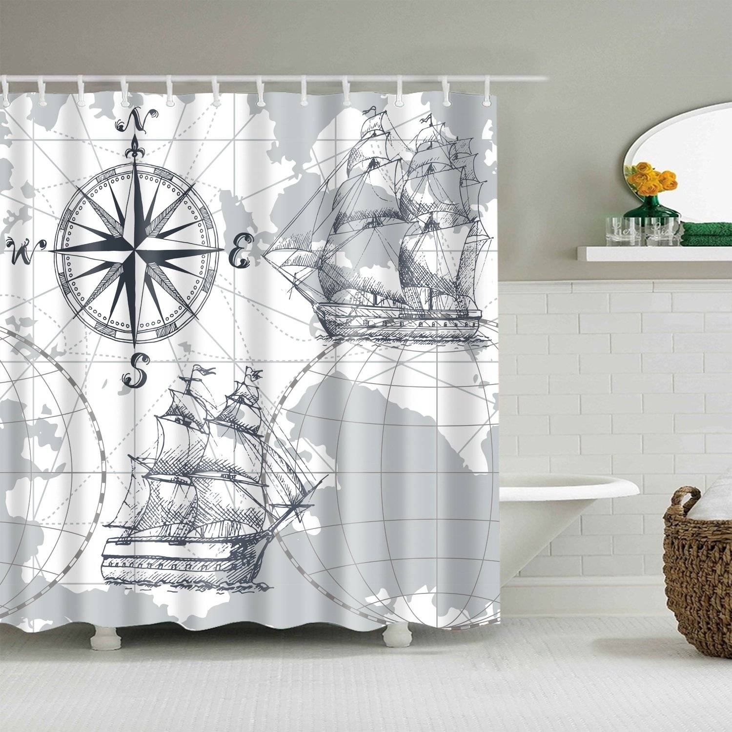 Compass with Sailing Ship Nautical Blue Sea Map Shower Curtain