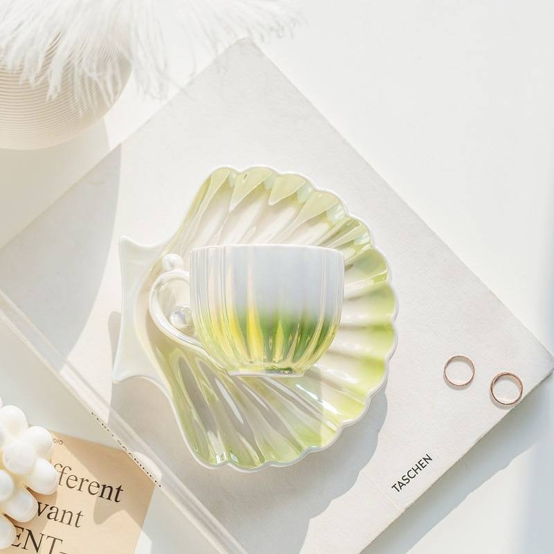 Pearl Shaped Tea Cup And Saucer Set Seashell Ocean Coffee Teacup with Plate Spoon - 3 Pieces