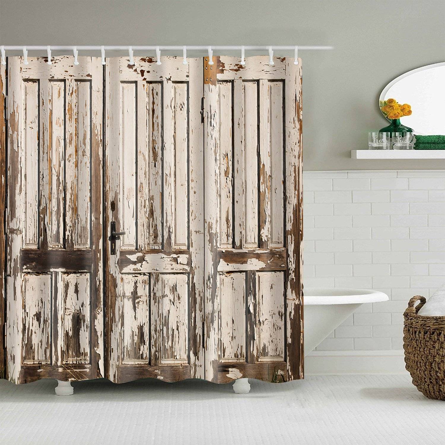 Rustic Wood Plank Print White Barn Door Shower Curtain