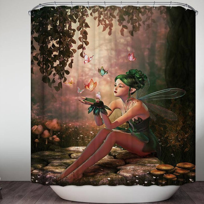 Enchanting Forest Flying Butterflies Magical Green Fairy Shower Curtain