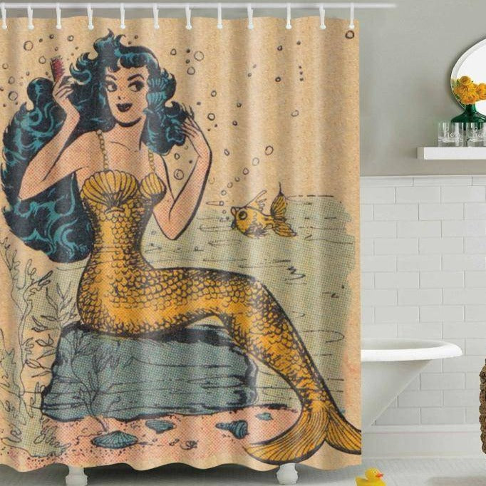 Golden Tail at Coast with Fish Vintage Mermaid Shower Curtain