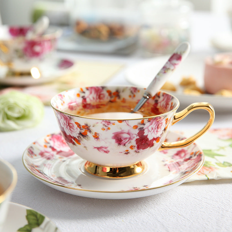 3 Pieces Pink And Red Rose Floral Tea Cup And Saucer Set with Spoon Bone China with Gold Trim